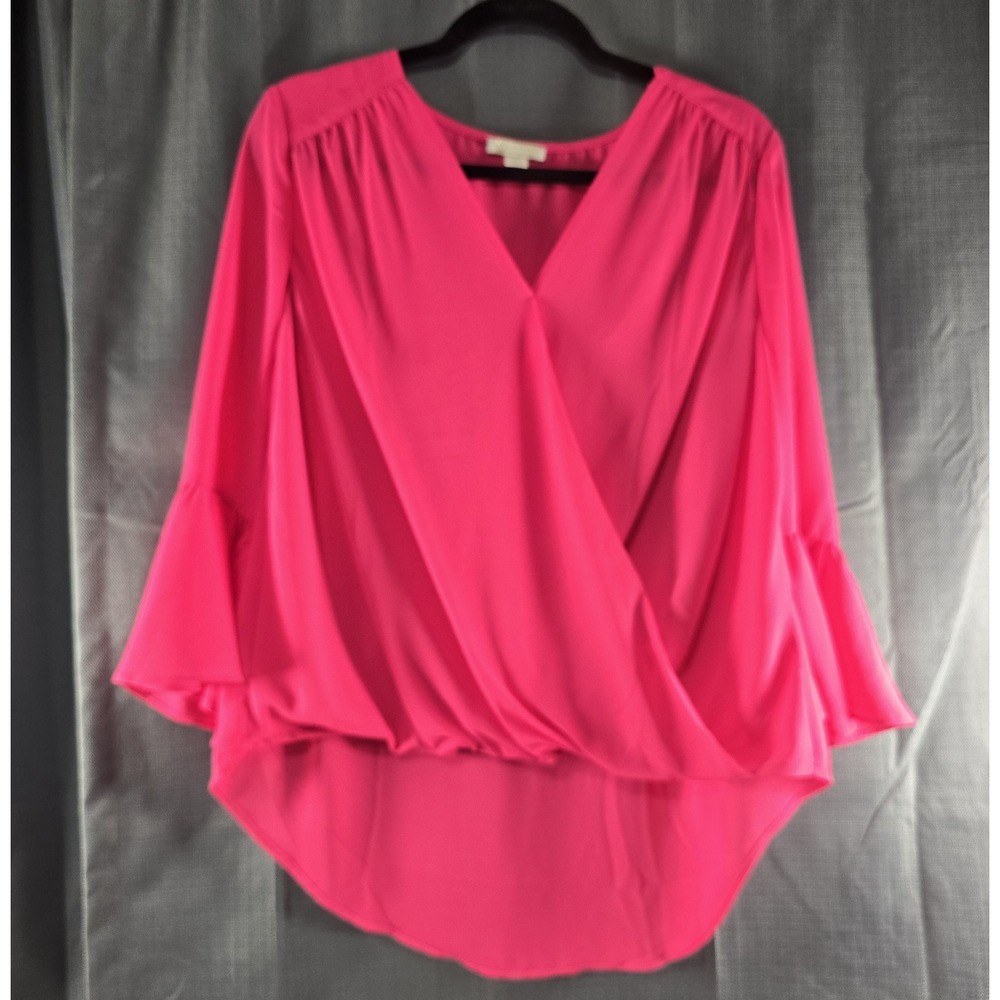Finn & Grace Pink Chiffon Ruffle Sleeve V-Neck Blouse Women's 3/4 Sleeve L